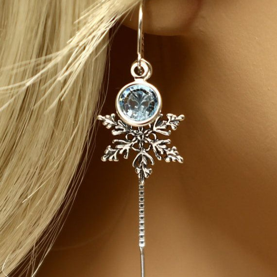 Blue Crystal Snowflake Silver Earrings