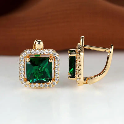 Emerald Gold Square Earrings
