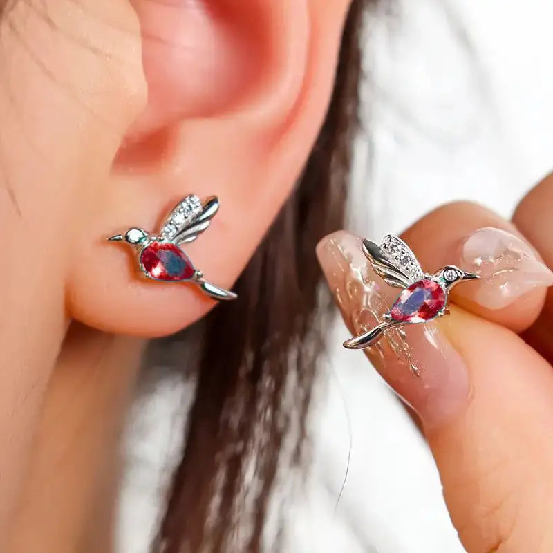 Red Crystal Hummingbird Silver Earrings