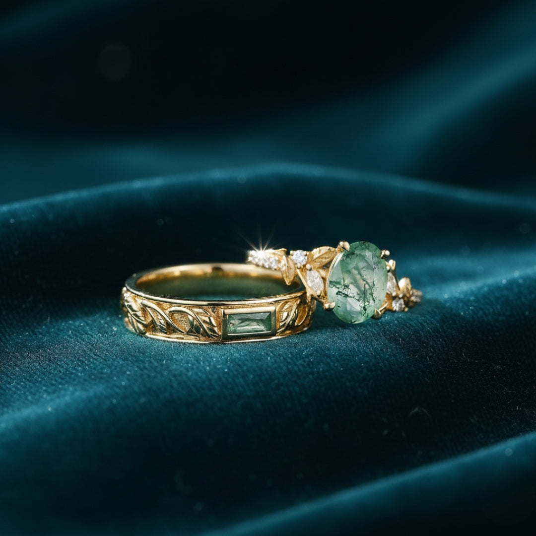 Moss Leaf Couple Rings