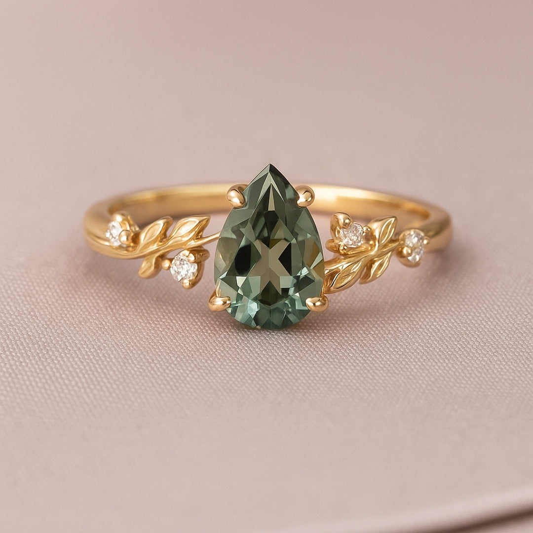 Green Sapphire Leaf Ring