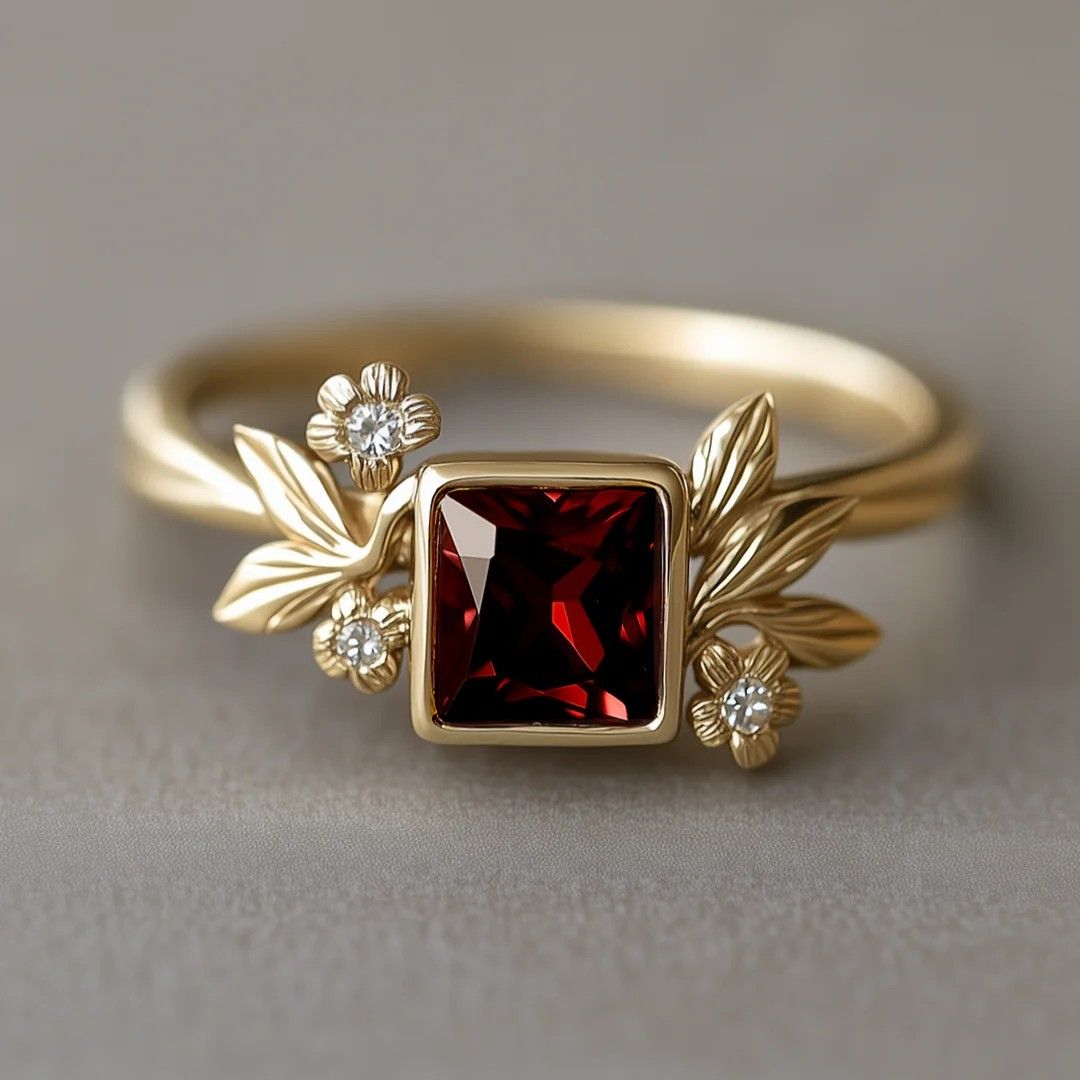Red Square Crystal Gold Leaf Ring