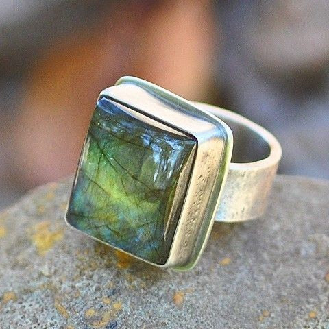 Green Cubic Stone Silvered Ring