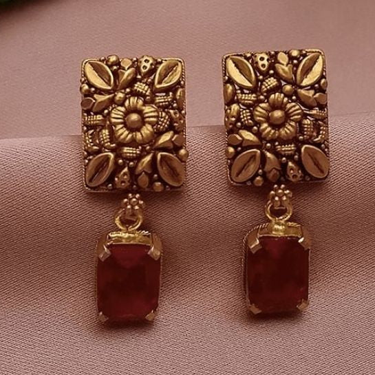 Red Stone Square Floral Earrings