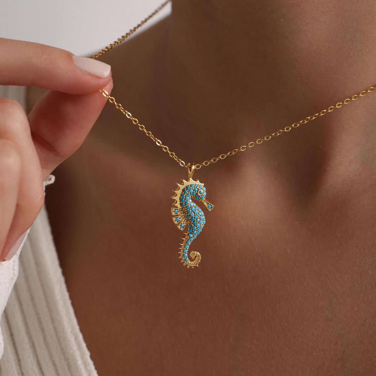 Blue Seahorse Gold Necklace