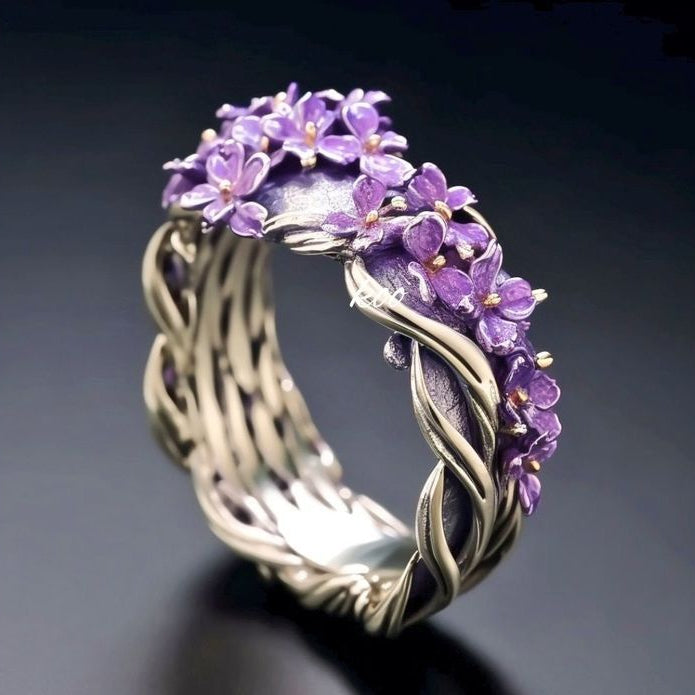Exotic Violet Enamel Floral Ring