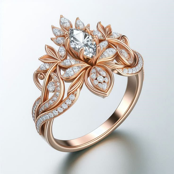 Exotic Floral Crown Zirconia Gold Ring