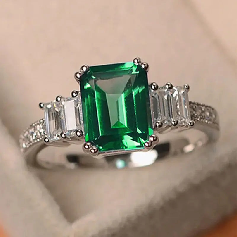 Green Square Crystalline Silvered Ring