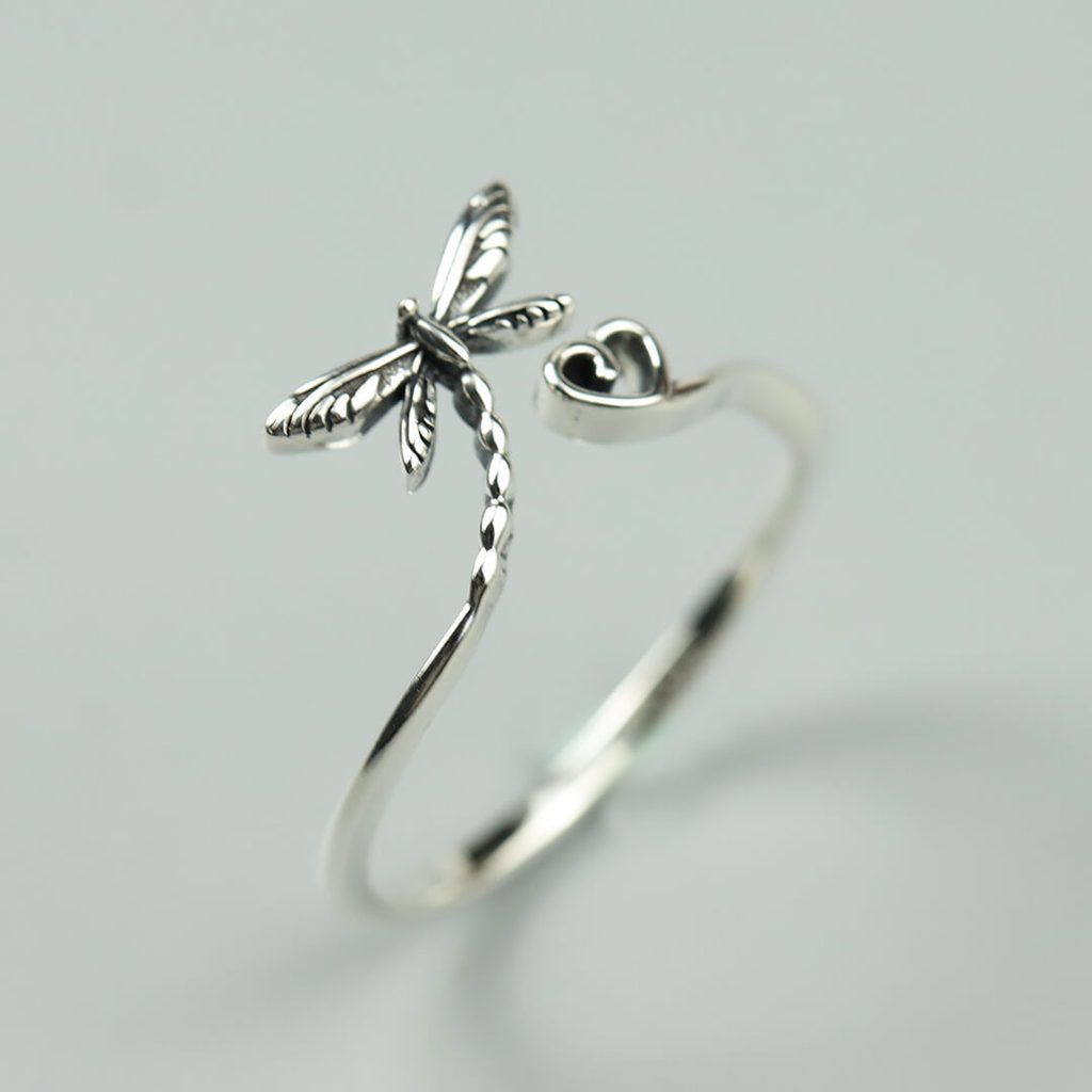 Silver Dragonfly Heart Ring