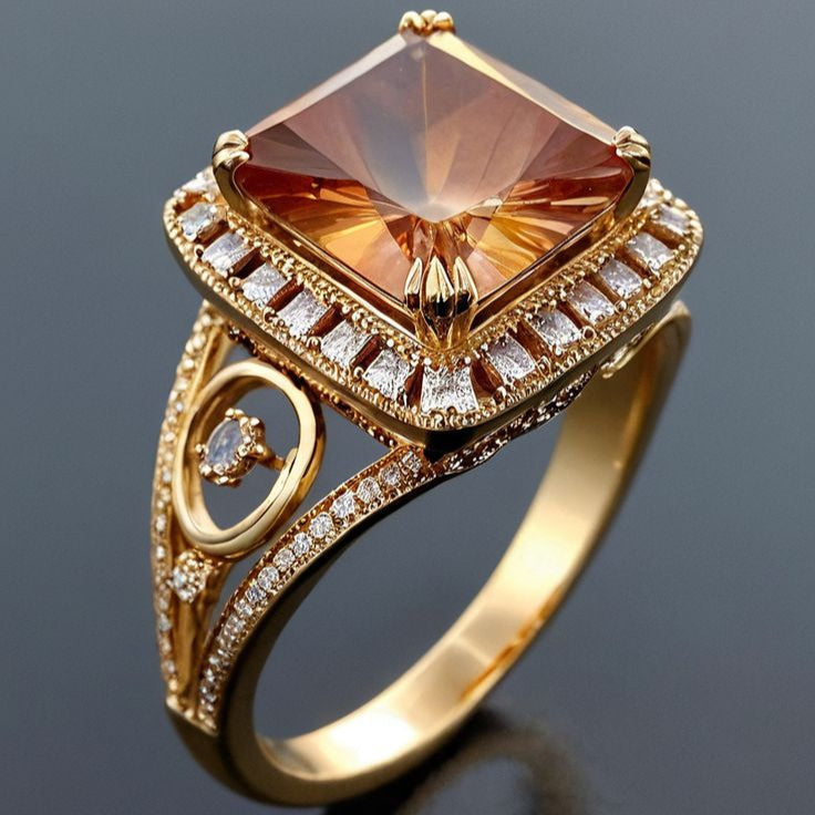 Exotic Orange Cubic Glass Gold Ring