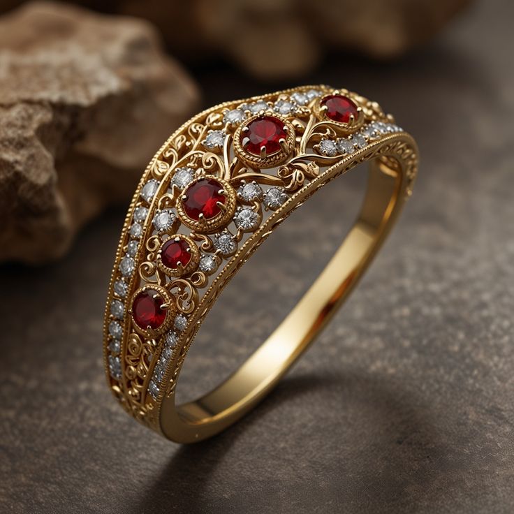 Red & White Inlaid Crystals Hollow Gold Ring