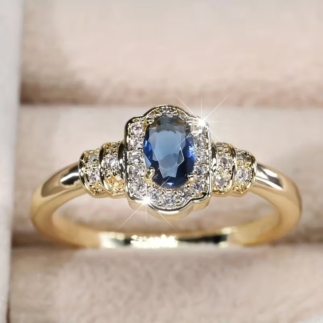 Blue Oval Zirconia Gold Ring