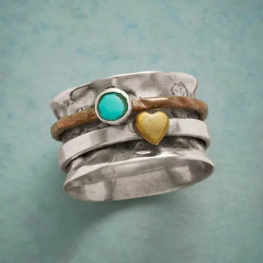 Gold Heart & Turquoise Stone Silvered Ring