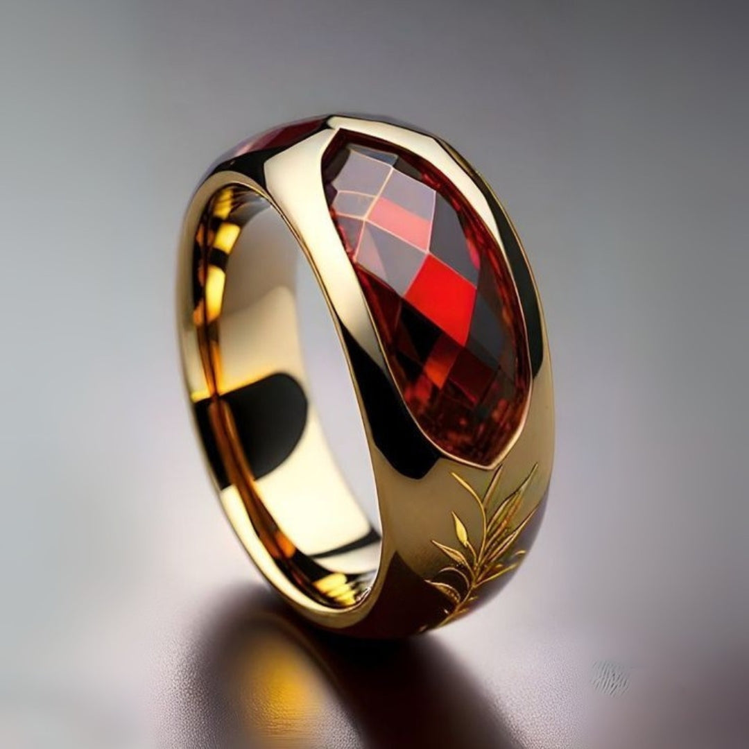Exotic Red Inlaid Crystal Gold Ring