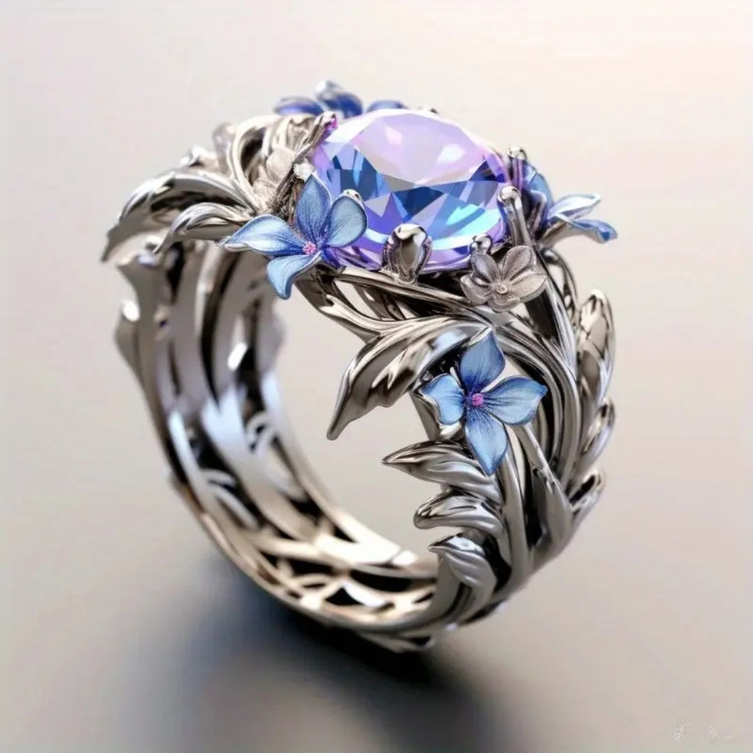 Blue Exotic Blossom Silvered Ring