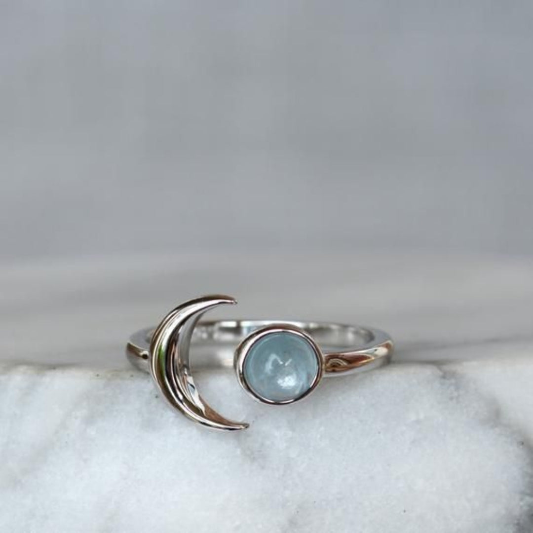 Blue Moonstone Orbit Silver Ring