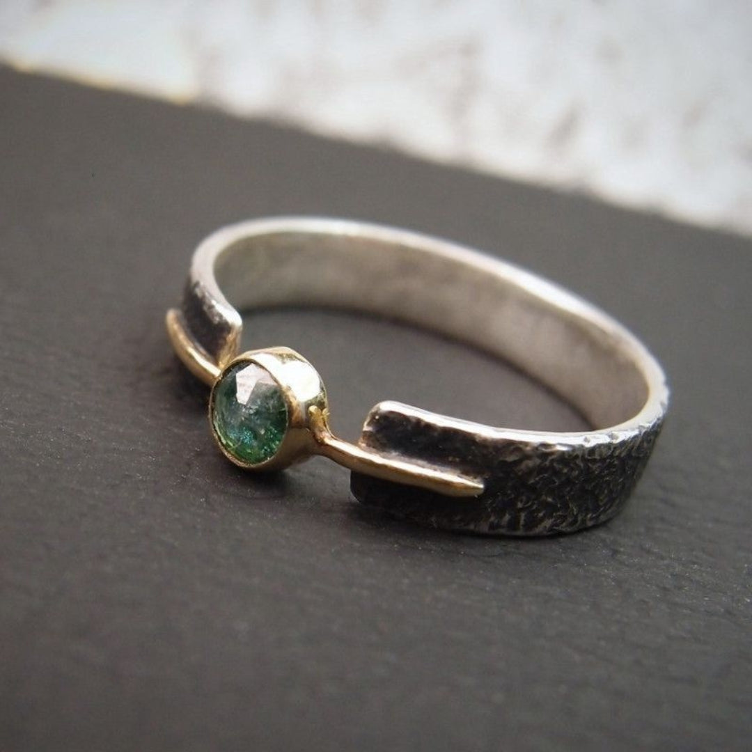 Green Stone Gold & Silvered Ring