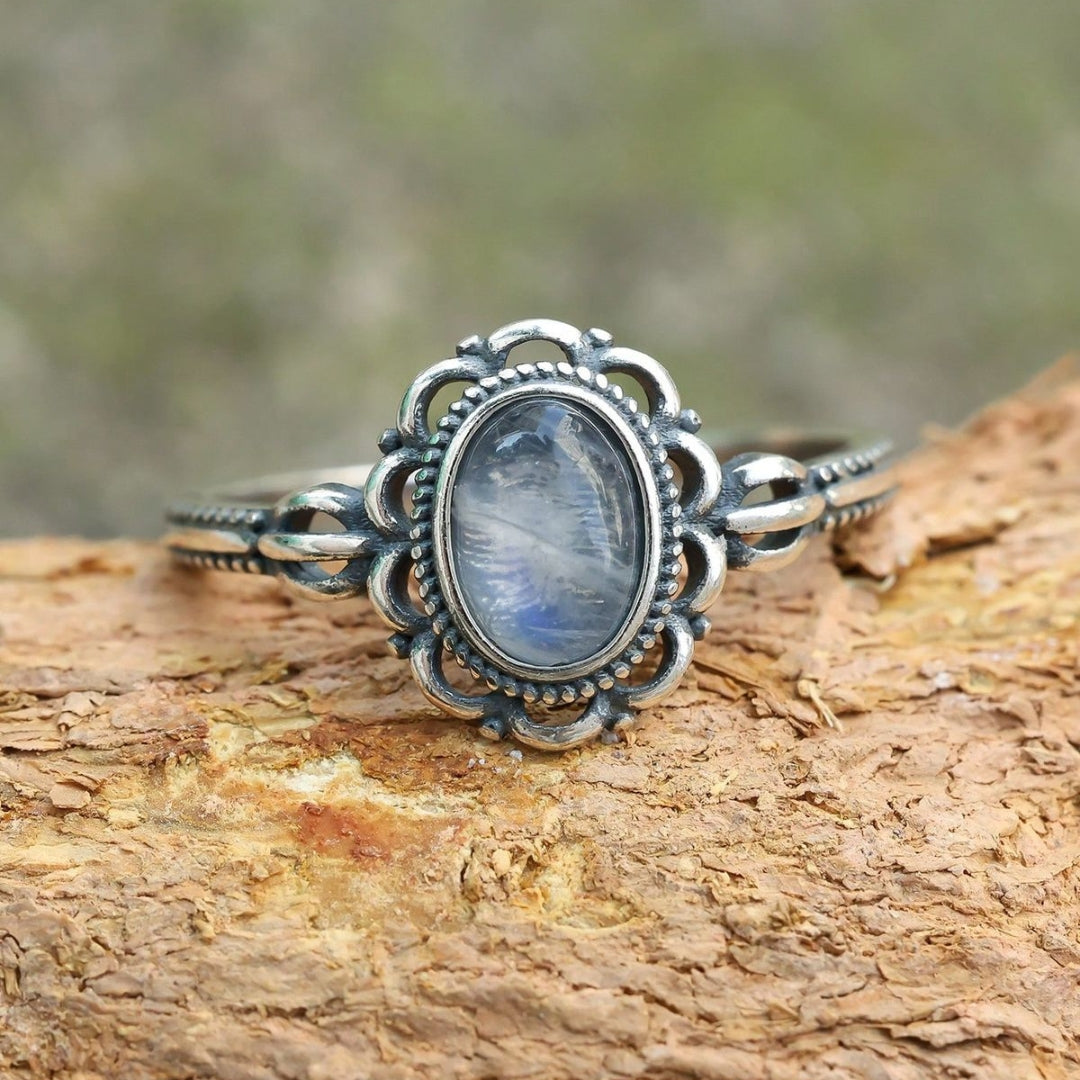 Blue Moonstone Silver Flower Ring