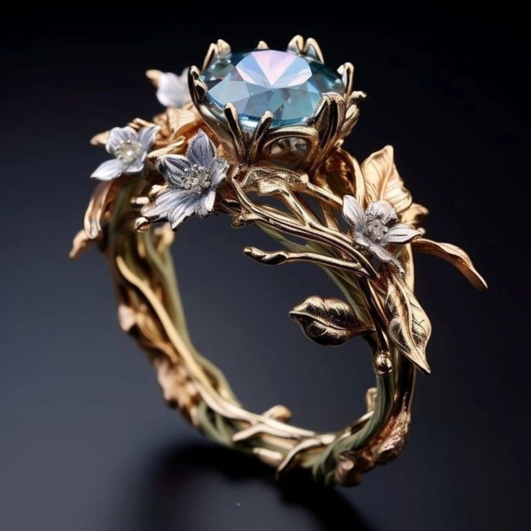 Blue Crystal Floral Exotic Gold Ring