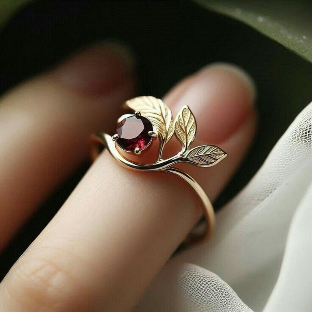Red Glass Gold Leaf Ring