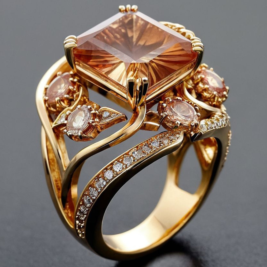 Exotic Orange Glass Zirconia Gold Ring