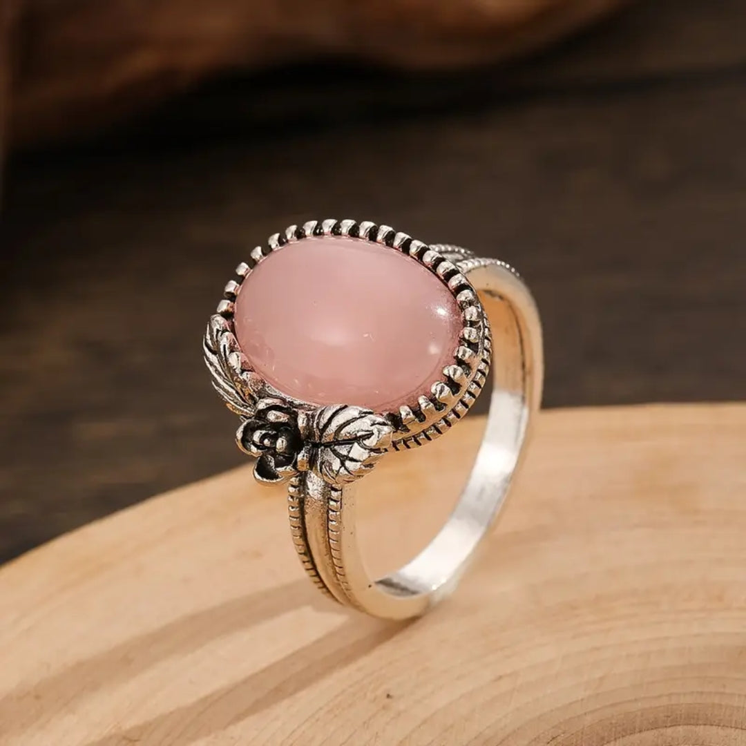 Pink Stone Silver Flower Ring