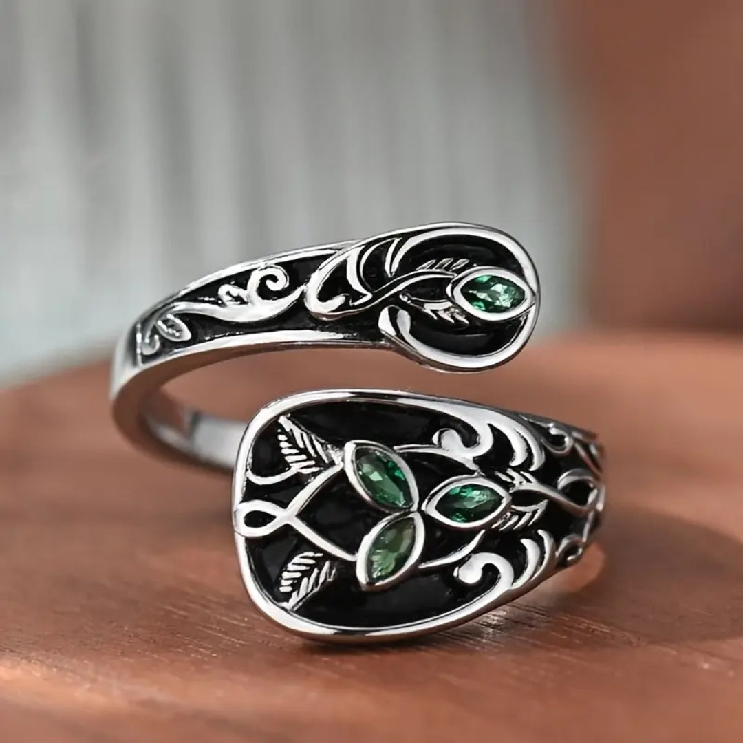 Adjustable Green Crystal Ivy Silver Ring