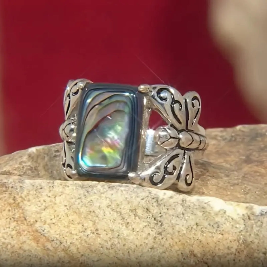 Colorful Stone Silver Butterfly Ring