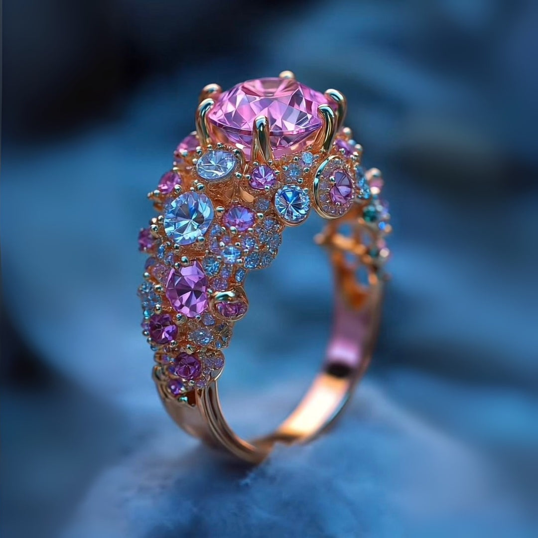 Pink & Blue Crystalline Exotic Rose Ring