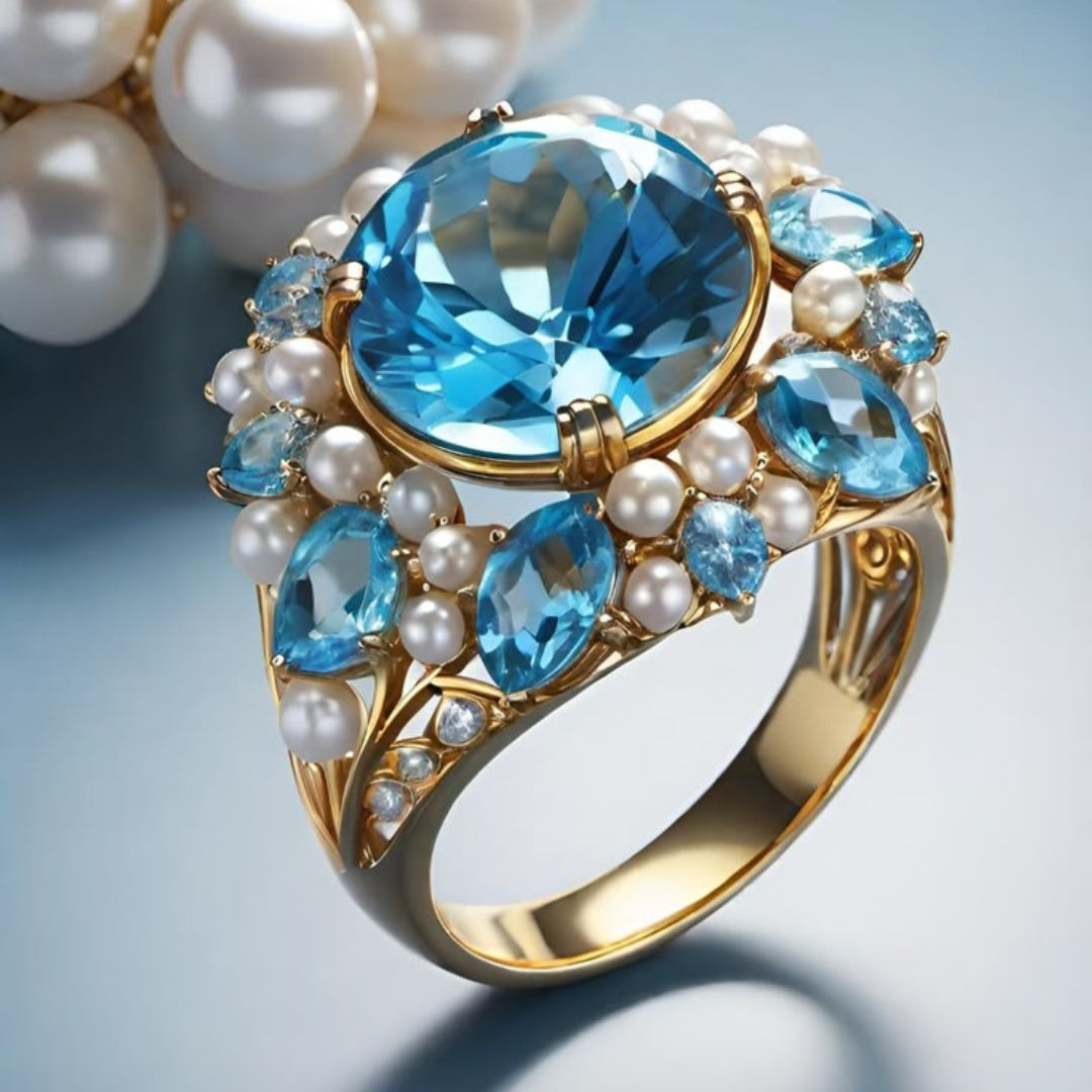 Blue Crystal & Pearl Flower Exotic Ring