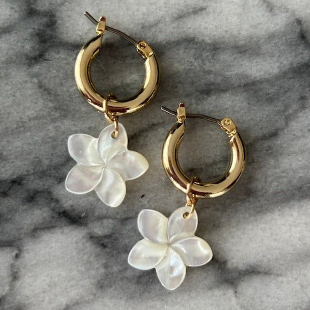 White Flower Hoop Earrings