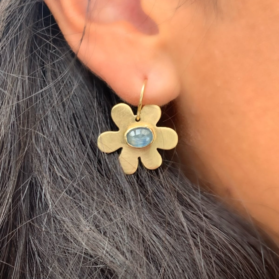 Blue Crystal Gold Flower Earrings