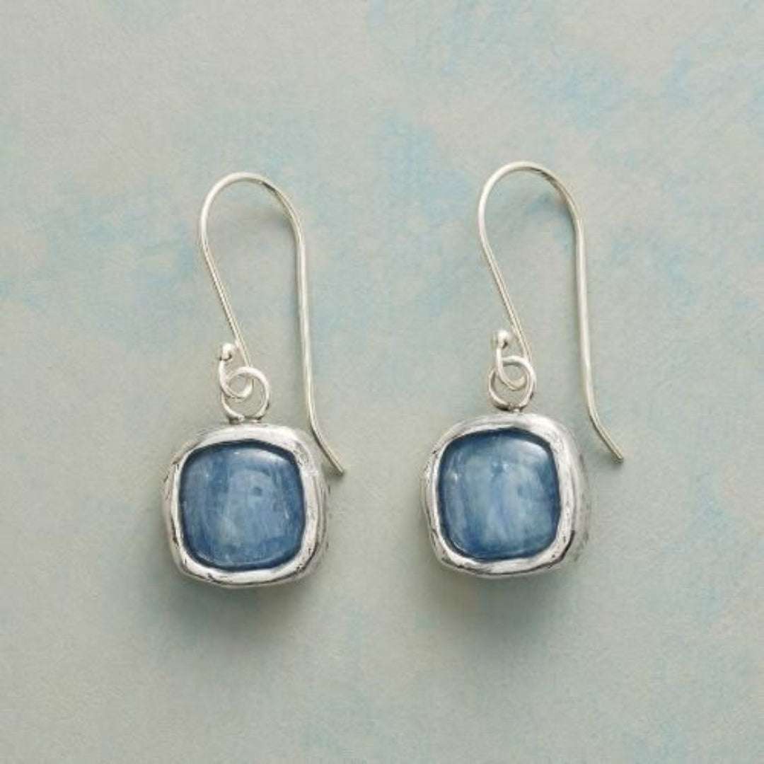 Vintage Blue Square Stone Silvered Earrings