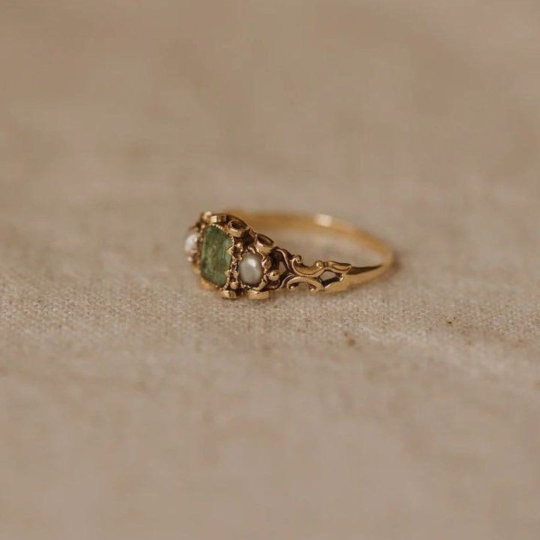 Green & Pearl Gold Ring