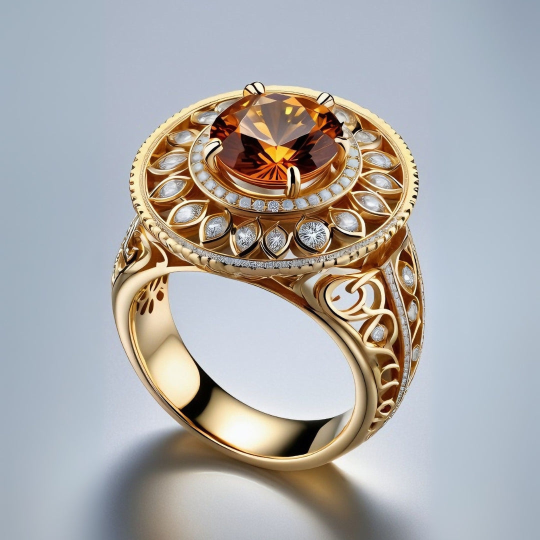 Orange Glass Mandala Exotic Gold Ring
