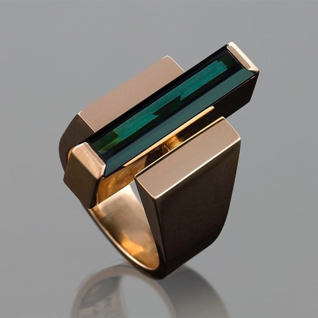 Green Rectangular Glass Gold Ring