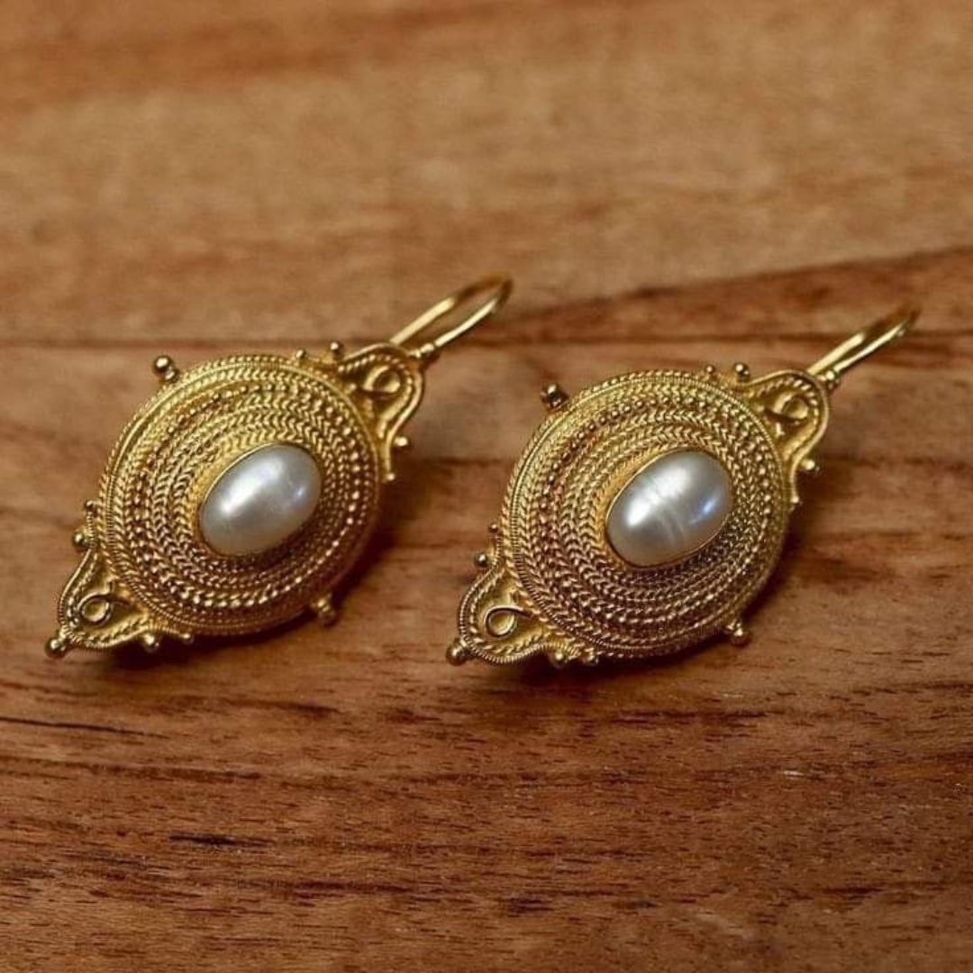 Rounded Gold Pearl Earrings