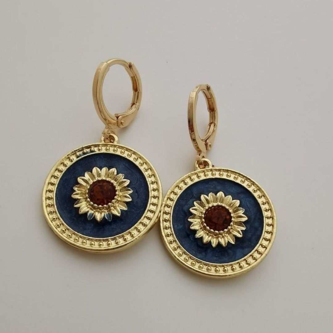 Rounded Blue Enamel Red Flower Earrings