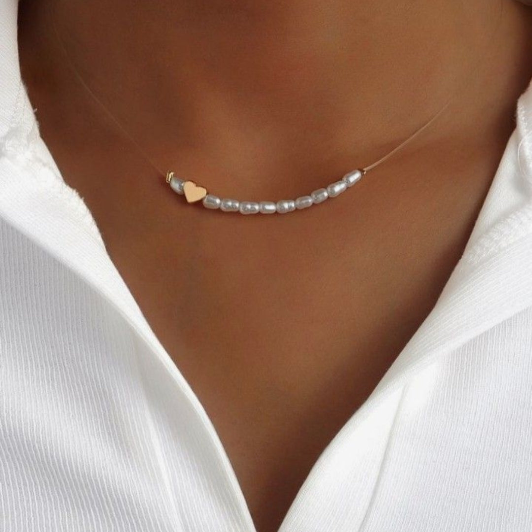 Thin Gold Heart Pearl Necklace
