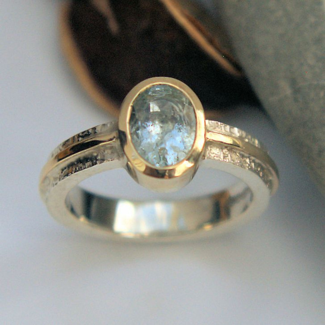Rounded Blue Glassy Gold Ring