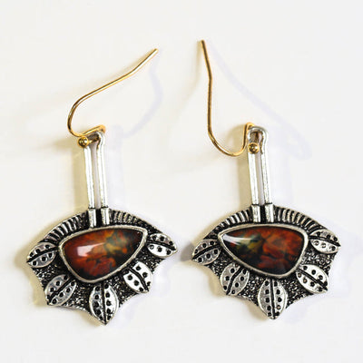 Red Stone Irregular Earrings in Silver