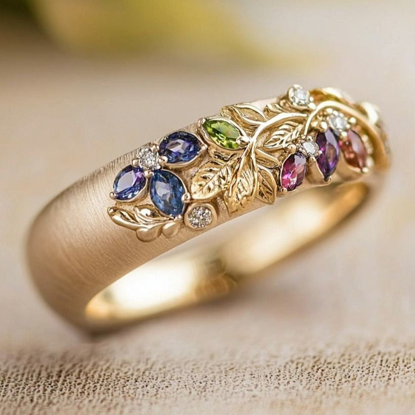 Colorful Stones Gold Leaf Ring