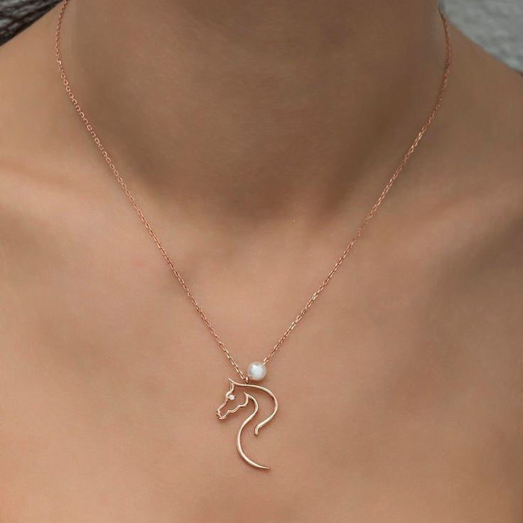 Rose Gold & Pearl Horse Necklace