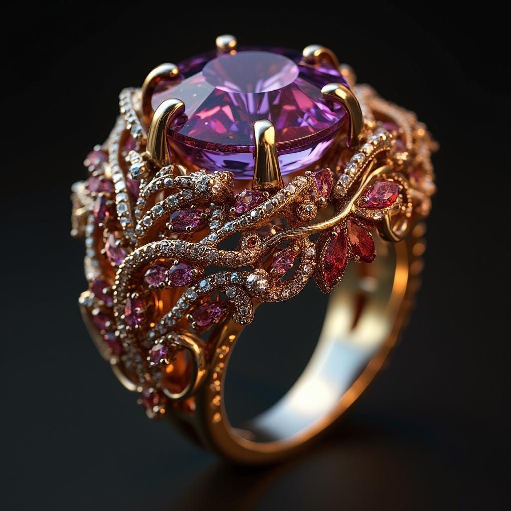 Purple & Red Zirconia Exotic Gold Ring