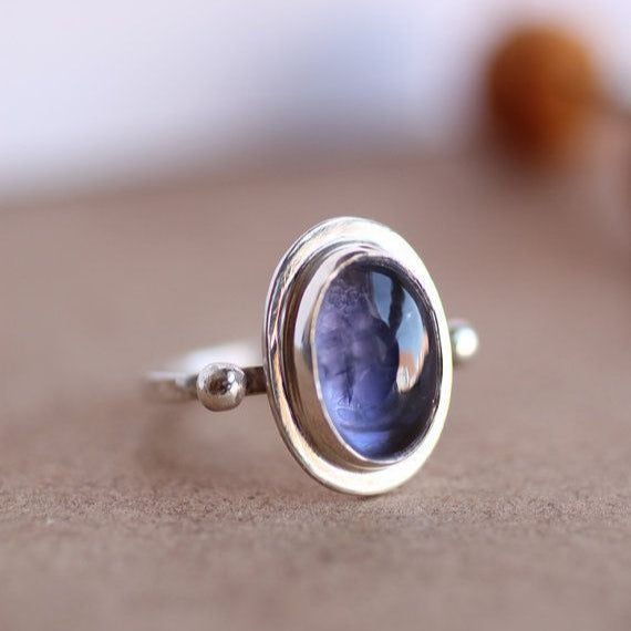 Blue Stone Rounded Silvered Ring