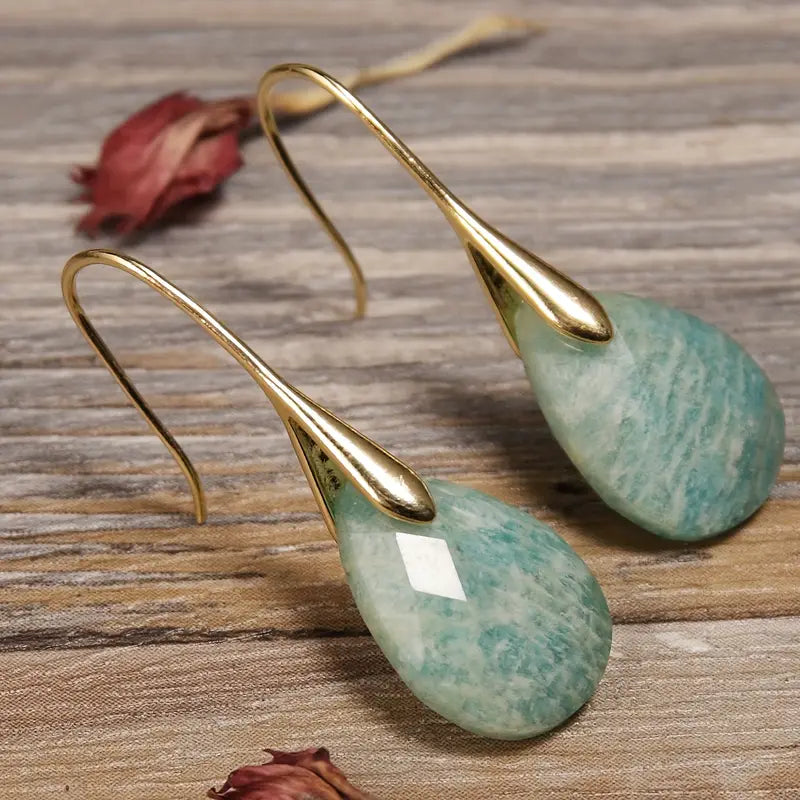 Green Stone Drop Gold Earrings