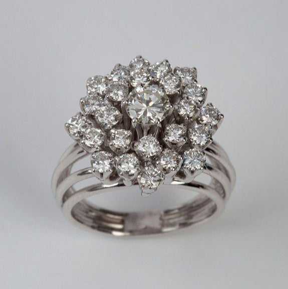 Vintage Flower Zirconia Layered Silver Ring
