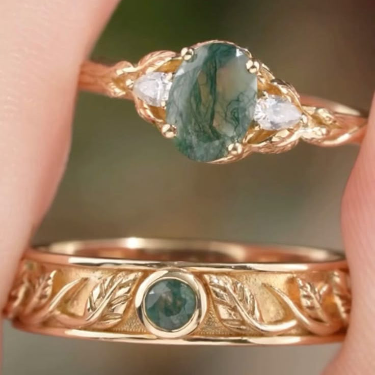Green Moss Gold Ring Set