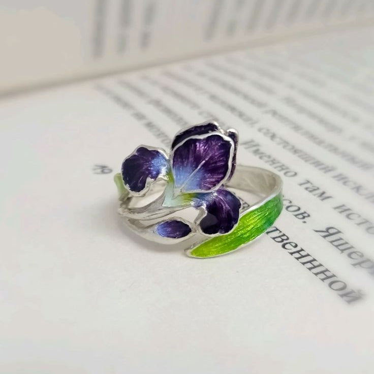 Nature Blue Enamel Flower Silver Ring