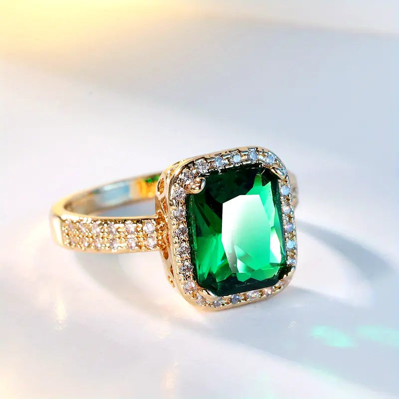 Square Green Crystalline Gold Ring